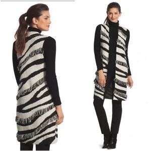 Chico's Zebra Fringed Anne Vest Open Black & White Cardigan size 1
